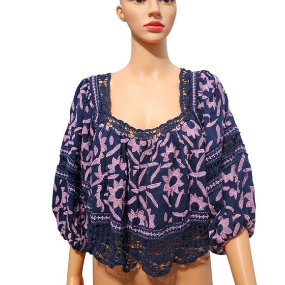 Free People Soleil Embroidered Crop Top Navy/Pink Bohemian Sz XS (oversized) - Picture 3 of 7